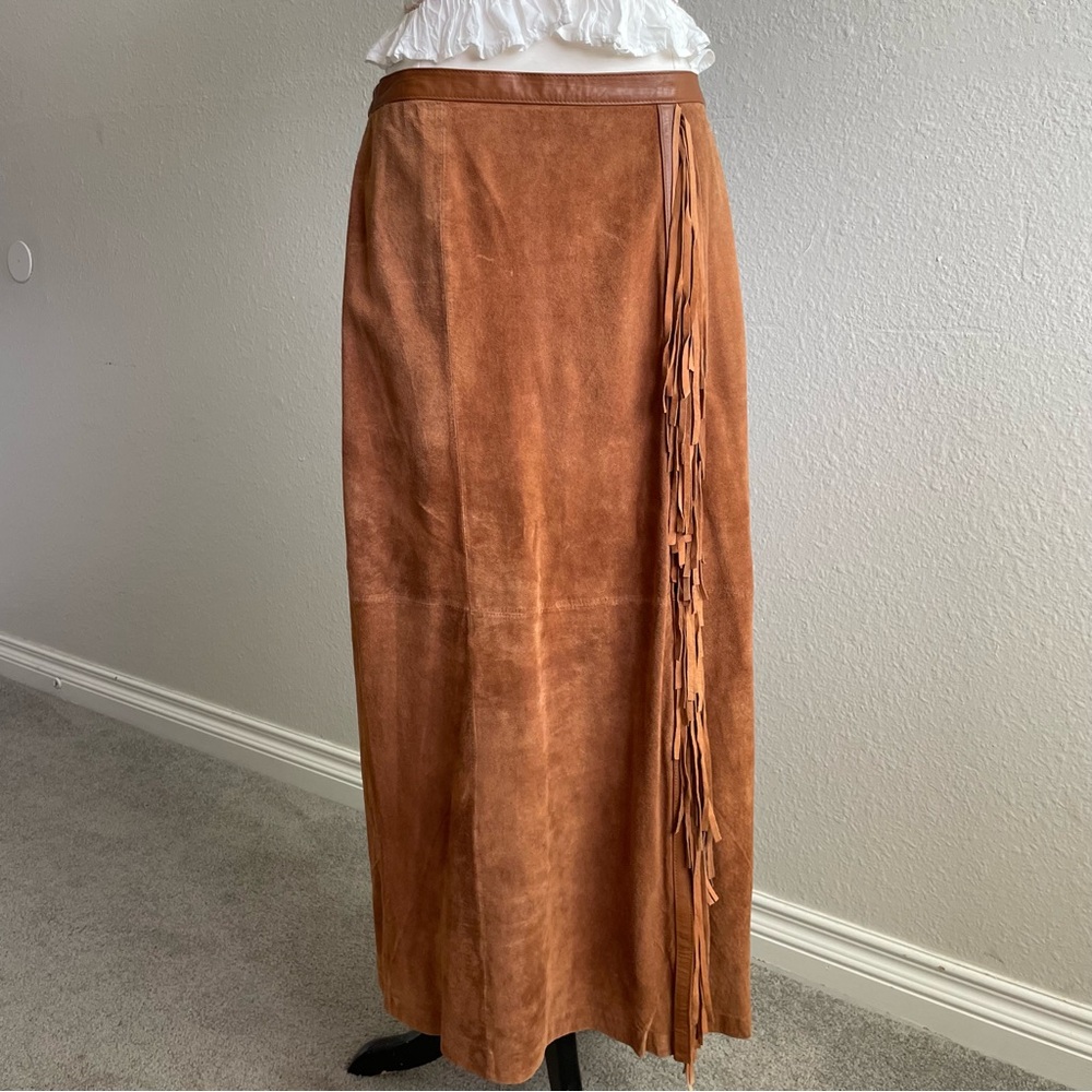 Vintage Brown Suede Fringe Maxi Skirt